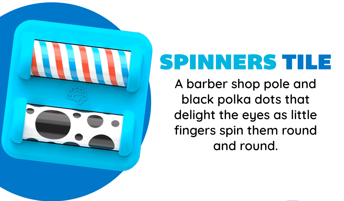 Spinners Tile! - A barber shop pole and black polka dots that delight the eyes as little fingers spin them round and round. - Shop PlayTab!