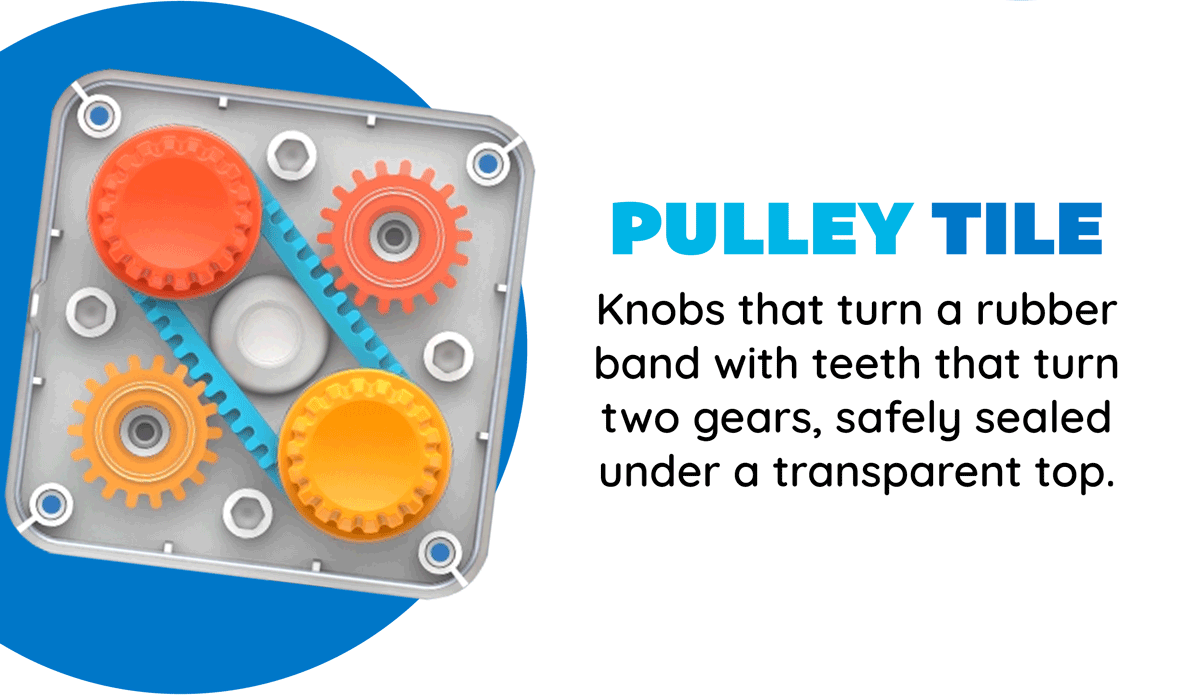 Pulley Tile! Knobs that turn a rubber band with teeth that turn two gears, safely sealed under a transparent top. - Shop PlayTab