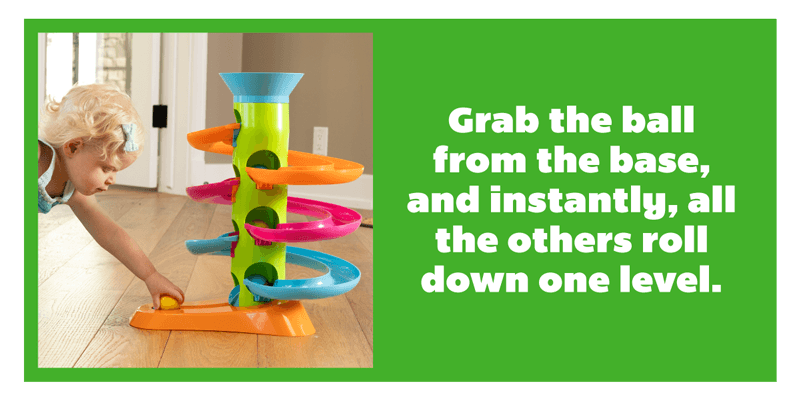 Grab the ball from the base, and instantly, all the other roll down one level! - Shop RollAgain Tower!