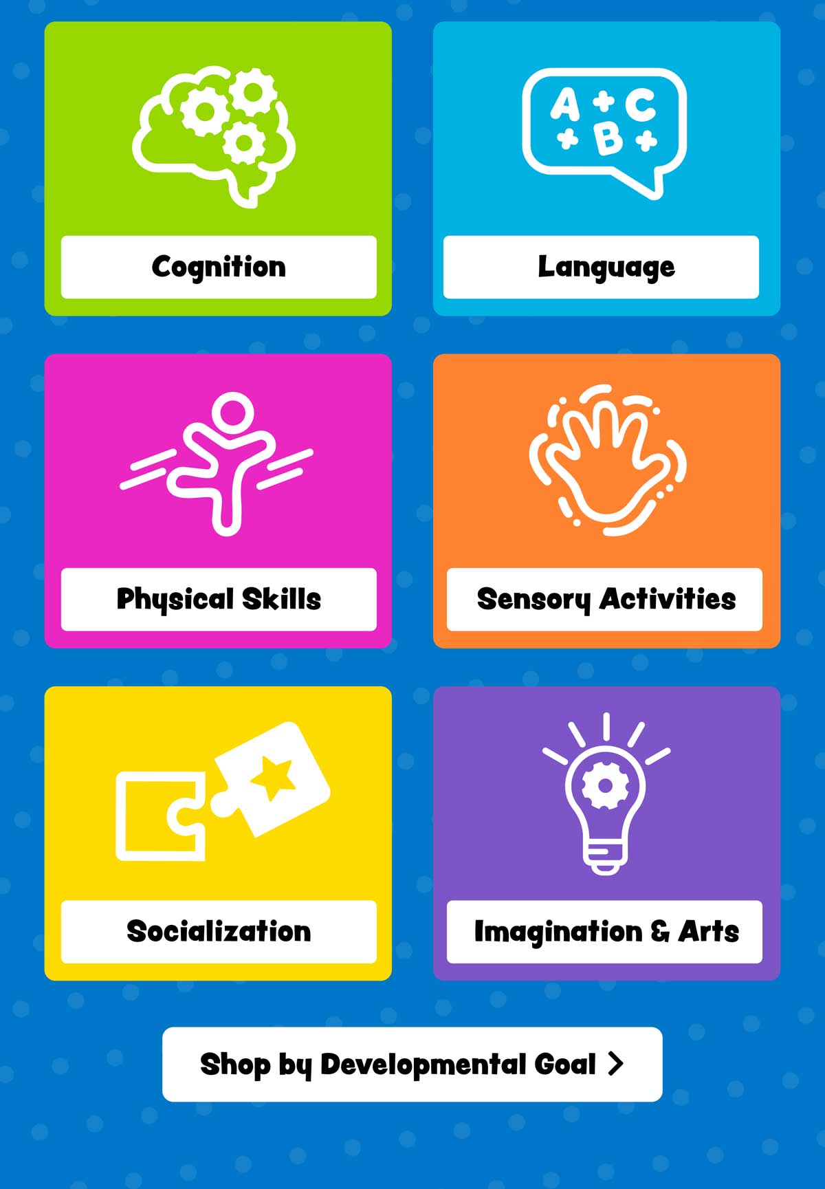 Shop by Cognition, Language, Physical Skills, Sensory Activities, Socializaiton, or Imagination & Arts - Shop by Developmental Goal!