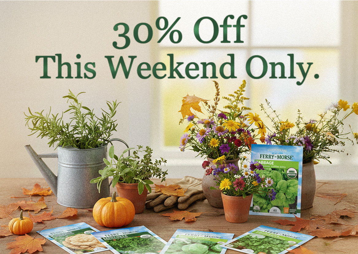 Autumn table with seed packets, herbs, and wildflowers; text overlay “30% Off This Weekend Only.”