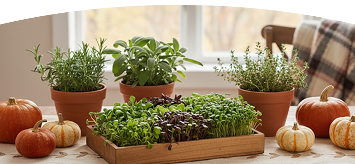 Warm fall tablescape with terracotta pots of rosemary, sage, and thyme beside a wooden tray of microgreens, surrounded by small pumpkins on a wooden table near a sunlit window.