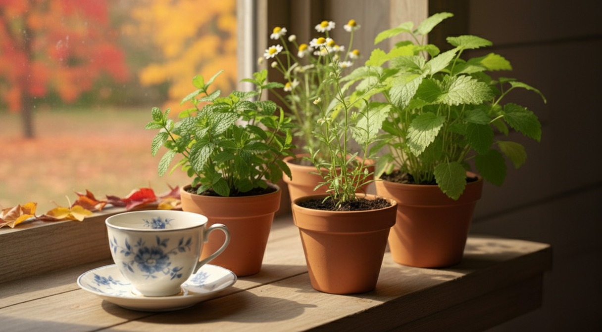 Teacup beside windowsill herb pots (mint, chamomile, lemon balm).