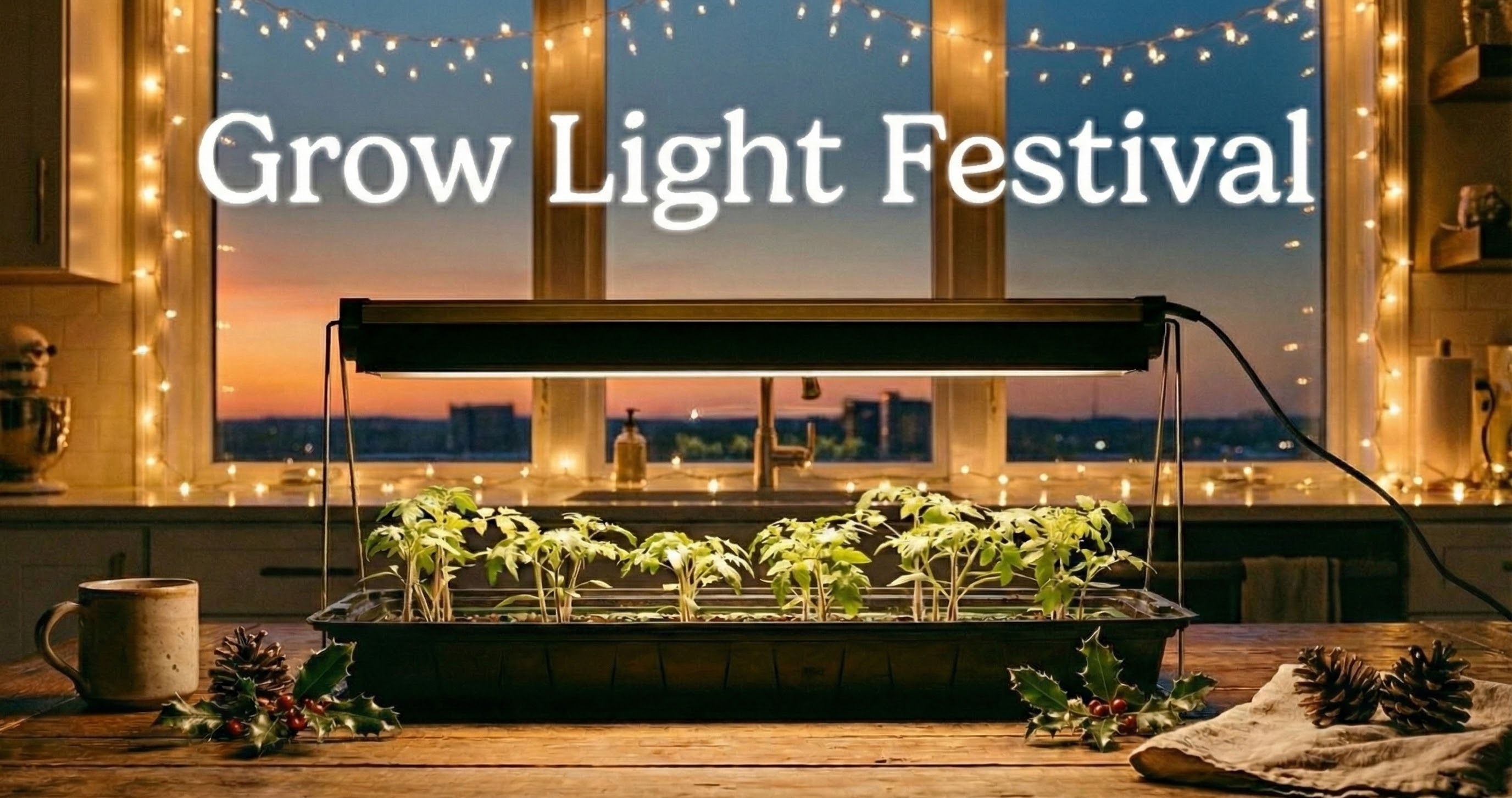 Ferry-Morse grow light shining over seedlings in a seed starting tray.