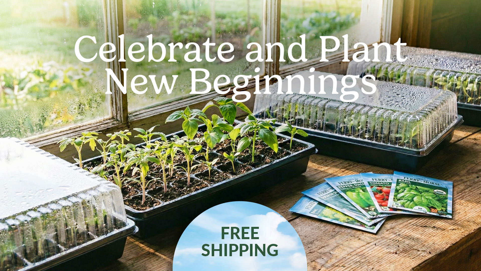 Seedlings and Ferry-Morse seed packets with a free shipping badge.