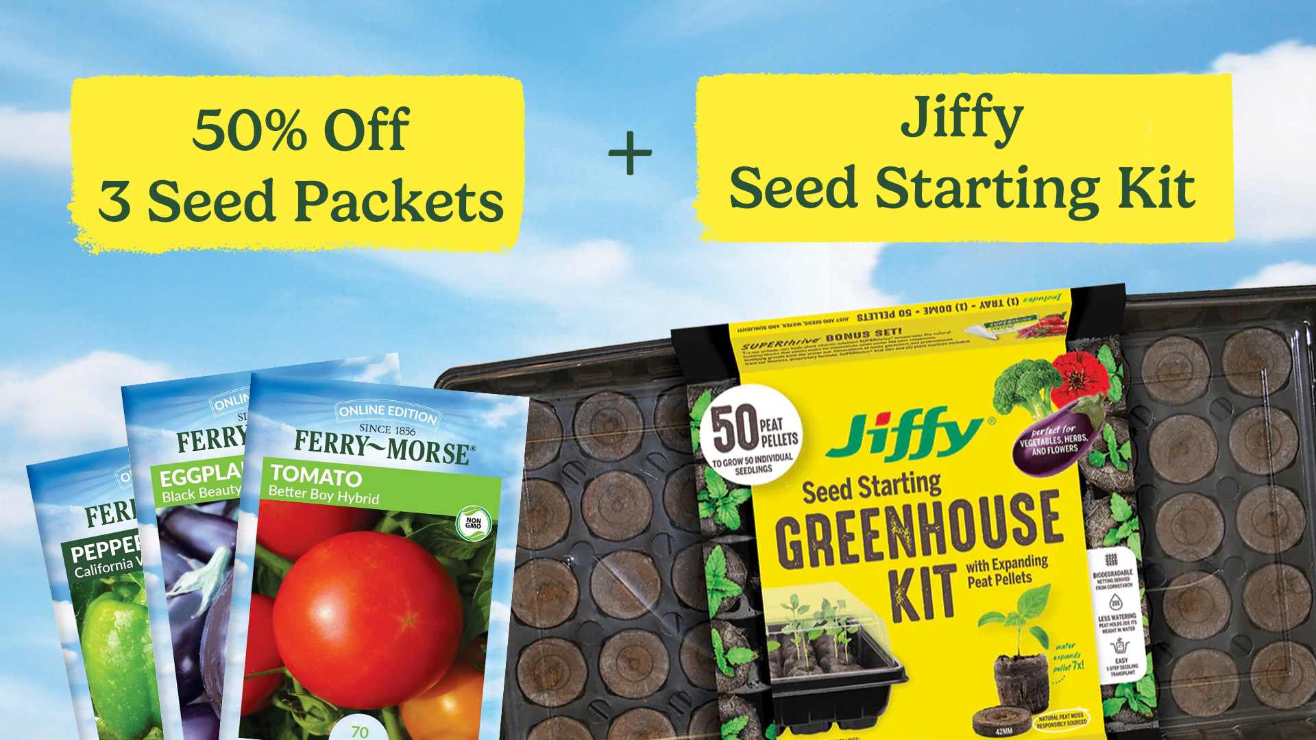 Young seedlings growing in Jiffy trays with Ferry-Morse seed packets