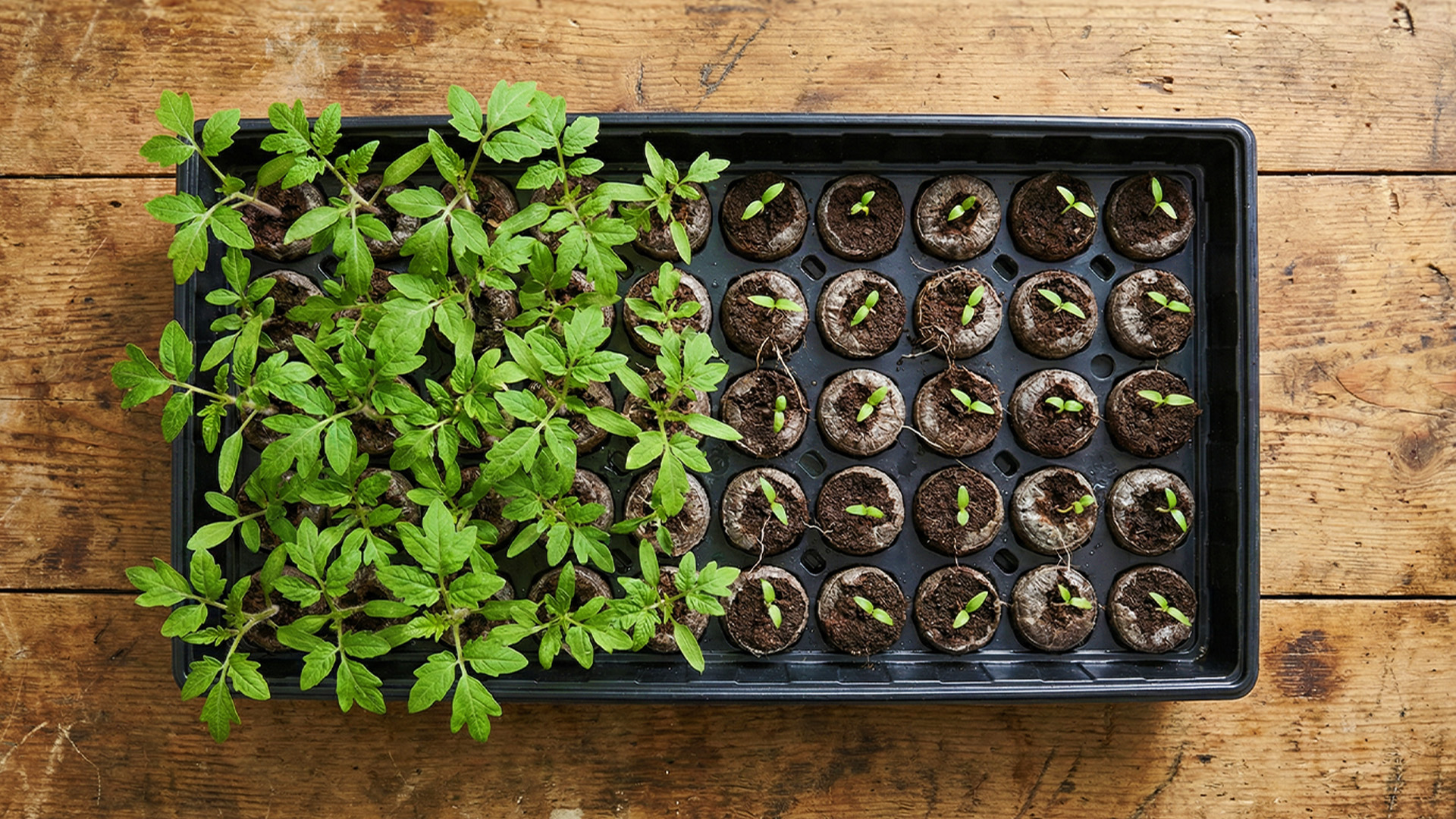 Indoor seed trays showing early greens and slower-growing seedlings at different stages.