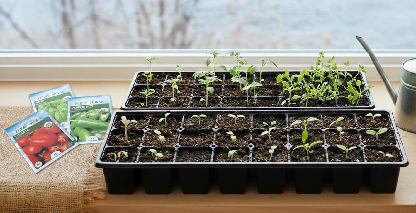 Indoor seed-starting trays with young seedlings growing under early spring light.