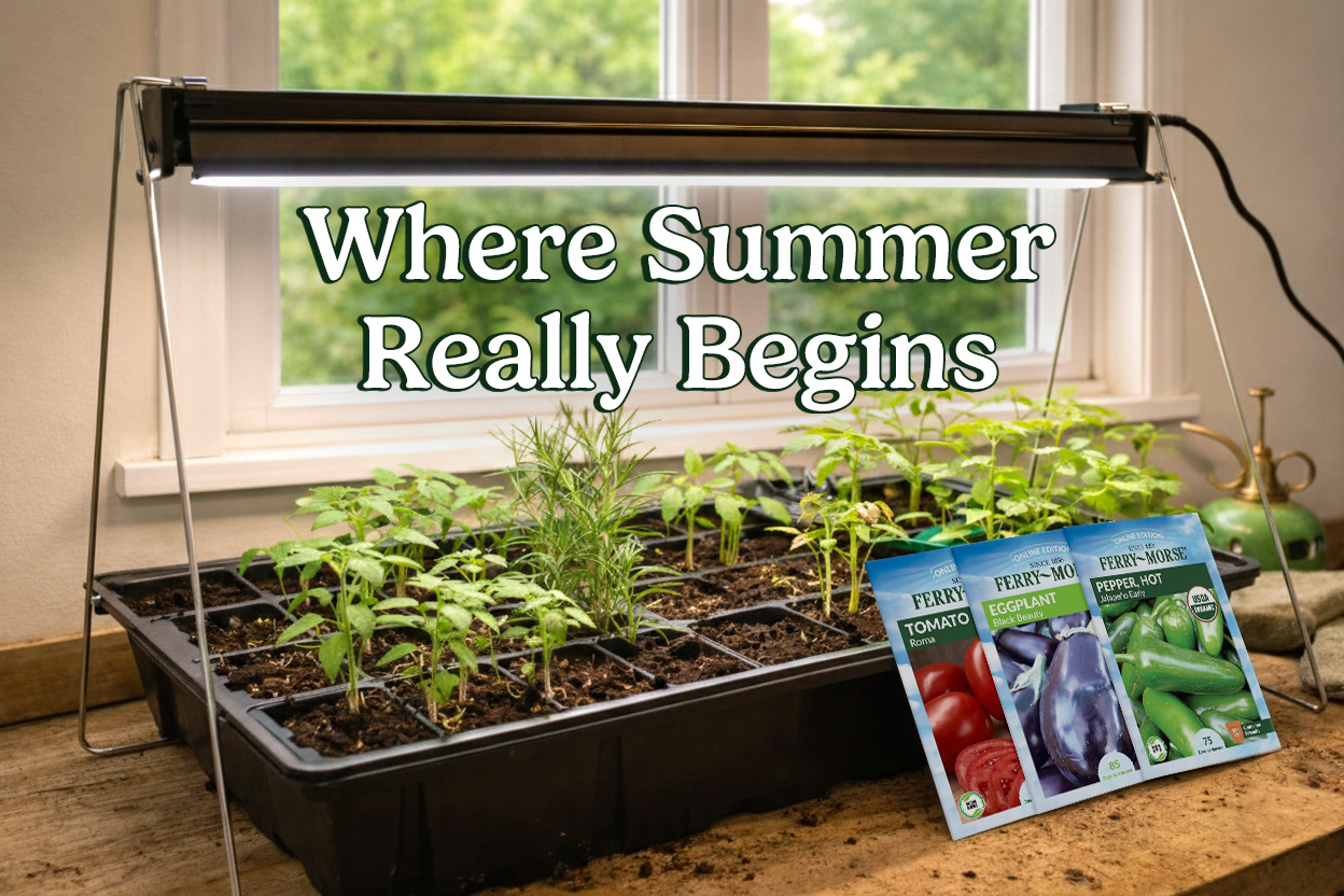 Indoor seed-starting trays growing under a grow light for warm-season vegetables.