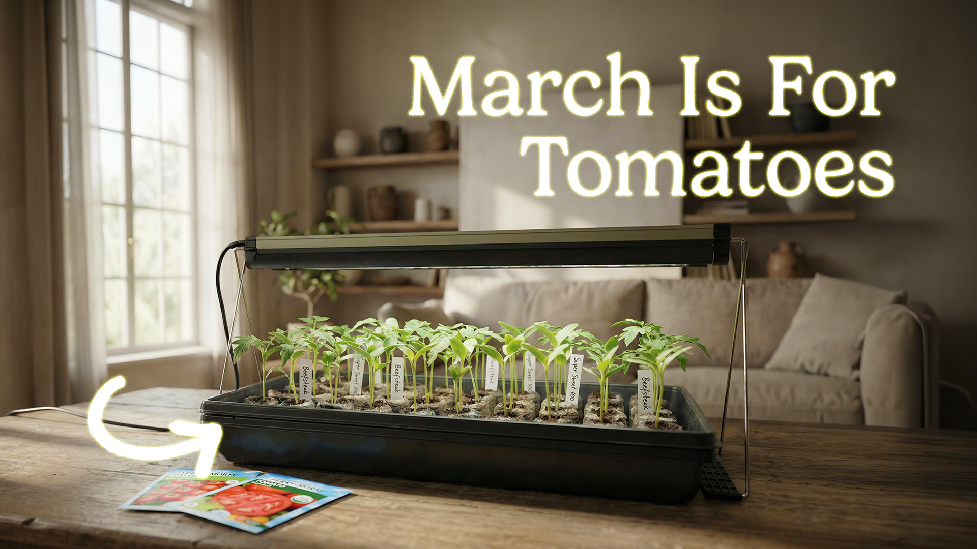 Young tomato seedlings growing indoors in labeled seed trays.