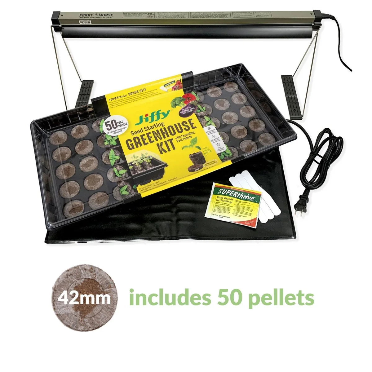 Image of Complete Indoor Seed Starting Kit, Jiffy 50 Cell 42mm Peat Pellets