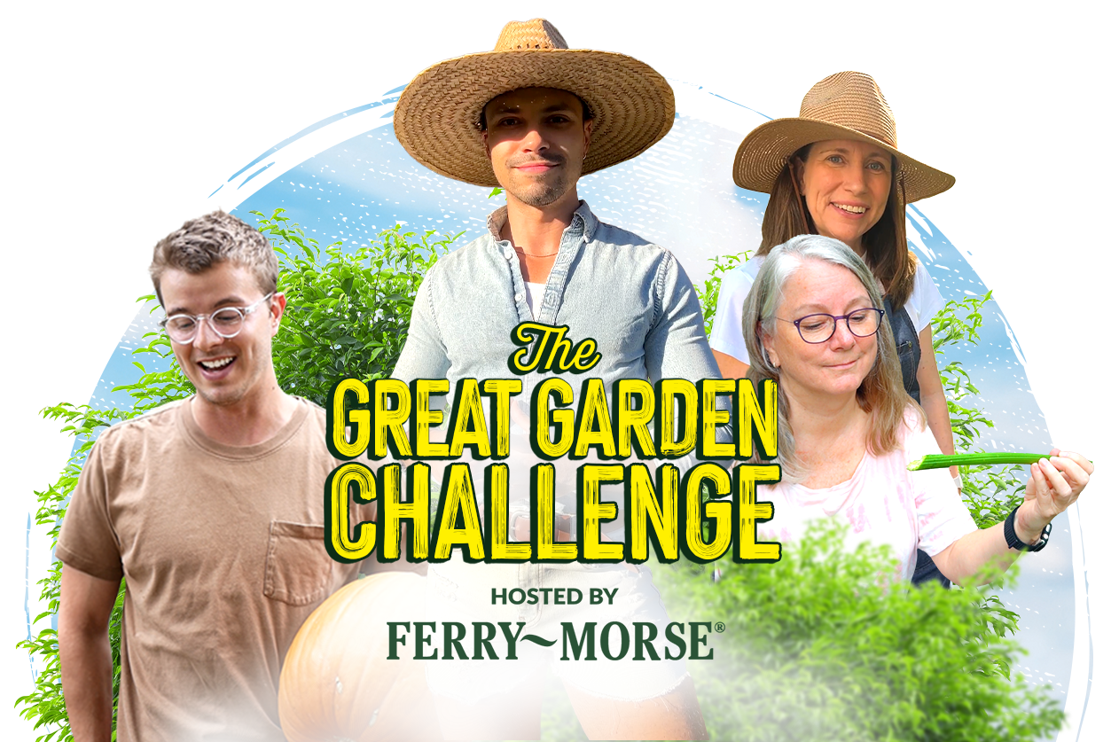 an image of a group of people standing around a giant pumpkin with a headline reading "The Great Garden Challenge"