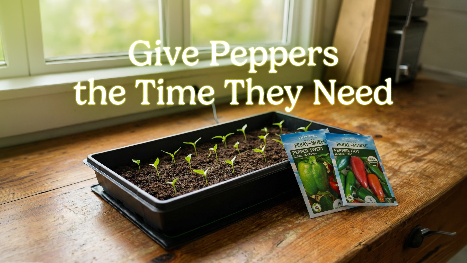 Pepper seedlings growing indoors on a heat mat with seed packets nearby.