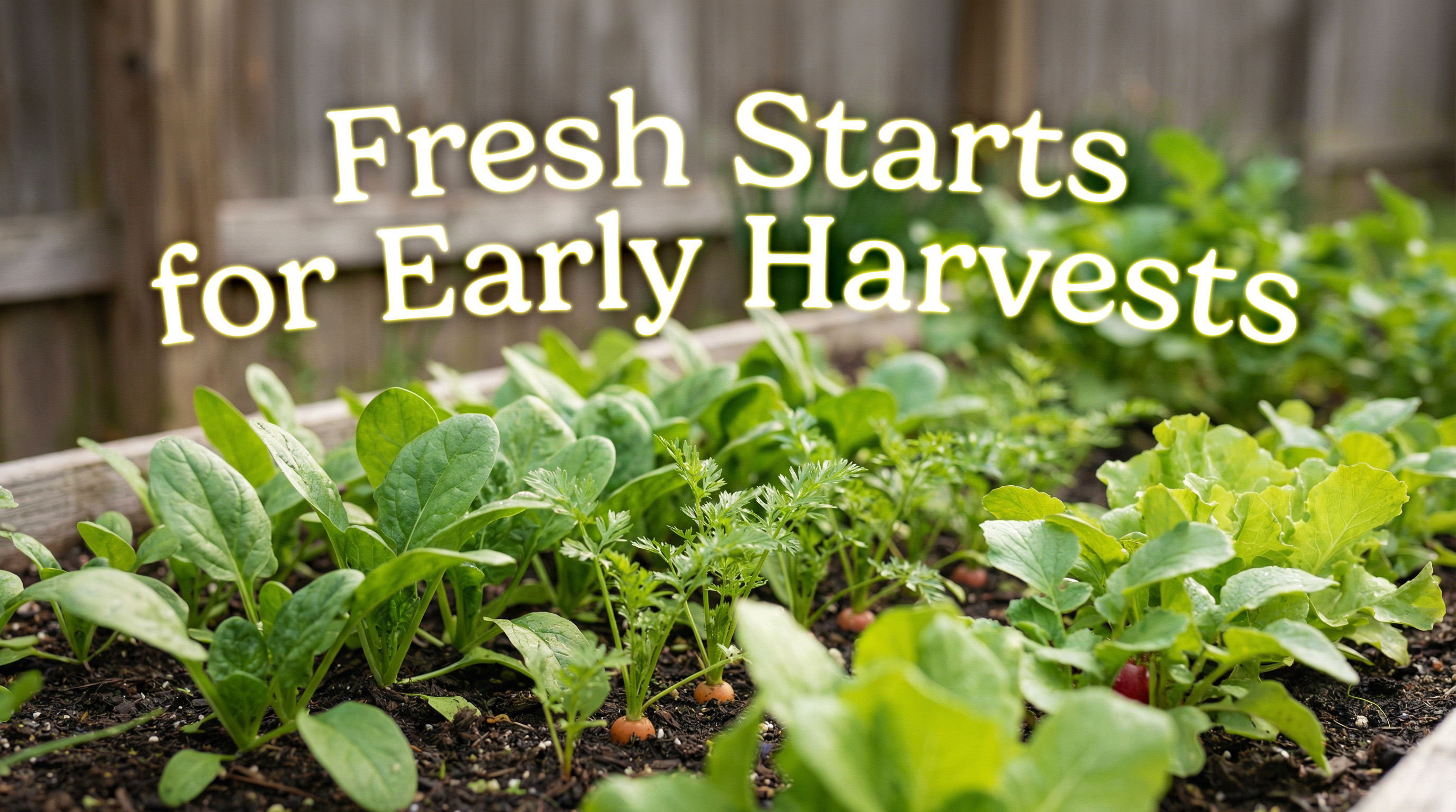 Cool season vegetables growing in an early spring garden.