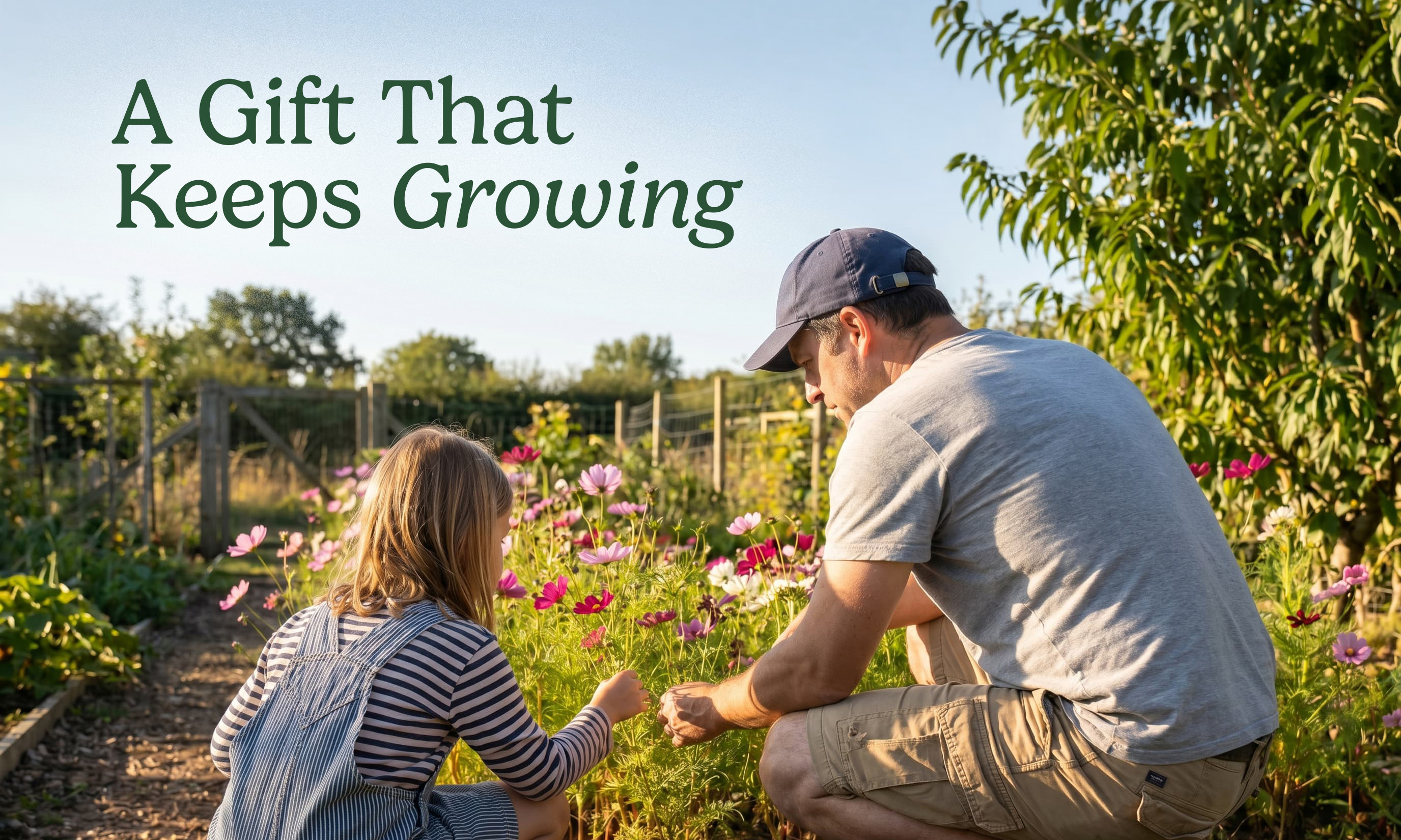 Father and child gardening together in a backyard vegetable garden.