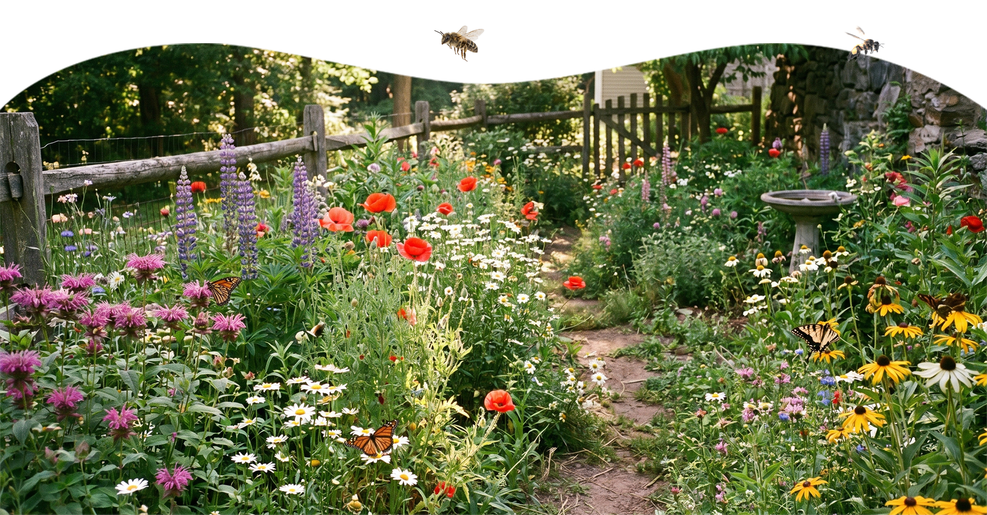 Wildflower garden filled with bees and butterflies supporting pollination.