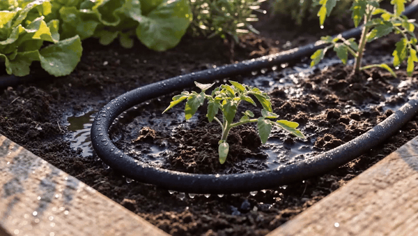 Drip irrigation system watering a summer vegetable garden