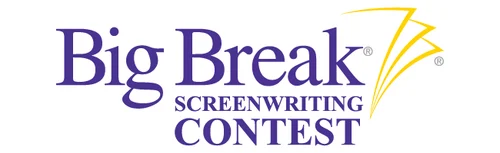 Big Break Screenwriting Contest Logo: Purple Text with Gold Script Pages on the Left