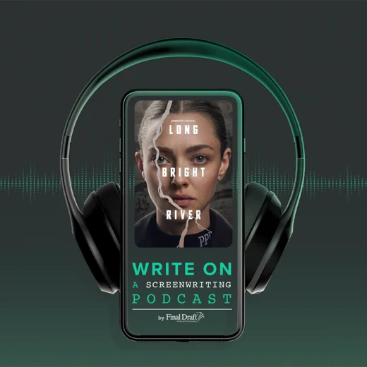 Write On logo: a cell phone with headphones wrapped around it. The cell phone contains the Long Bright River movie poster, Amanda Seyfried's face with a crack down the center.
