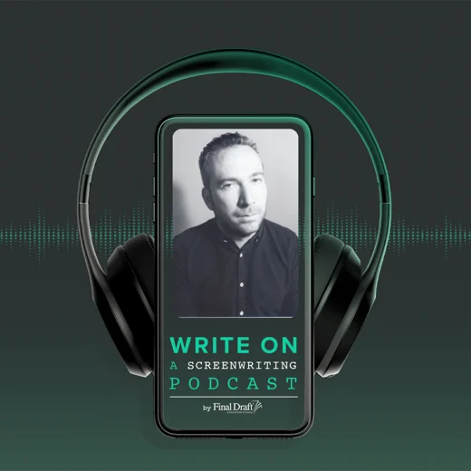 Write On logo: a cell phone with headphones wrapped around it. The cell phone contains the a headshot of Story Driven CEO/Manager/Producer Peter Katz