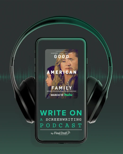 Write On logo of a cell phone with headphones around it featuring a poster from Good American Family
