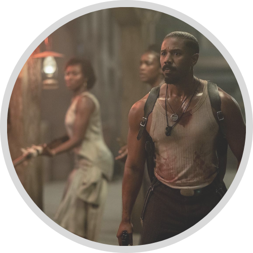 Michael B. Jordan standing bloodied, wearing a backpack in Sinners (1)