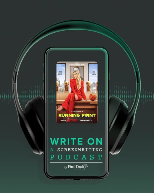 Write On logo of a cell phone with headphones around it, the 'Running Point' poster on the screen of the phone.