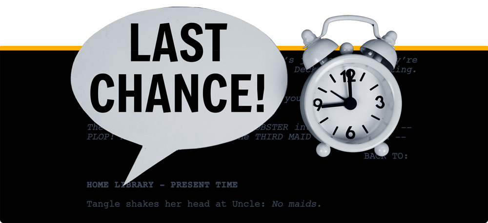 Image of an alarm clock with a word bubble that says 'Last chance' 