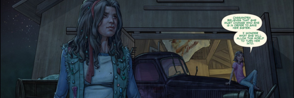 Image of a strong, edgy woman speckled with blood, as another woman sits nonchalant on a pickup truck