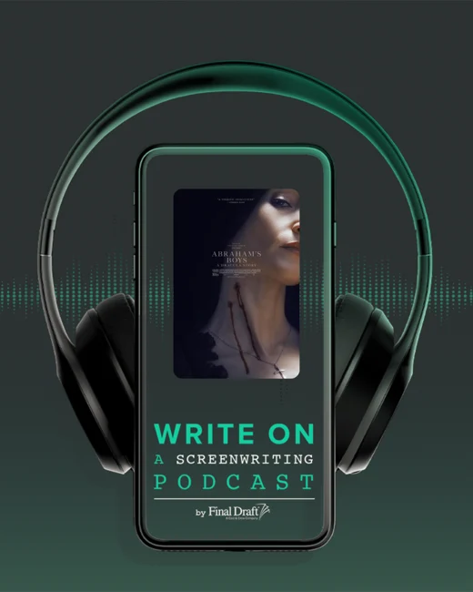 Write On logo of a cell phone with headphones around it featuring the poster for Abrahams Boys from Writer/Director Natasha Kermani