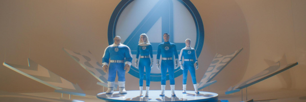 Pedro Pascal, Ebon Moss-Bachrach, Vanessa Kirby, and Joseph Quinn stand on a white circular platform with the 4 logo hanging behind them in The Fantastic Four First Steps