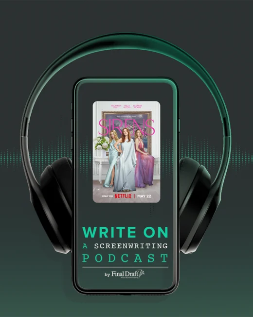 Write On logo of a cell phone with headphones around it featuring the poster of 'Sirens' 