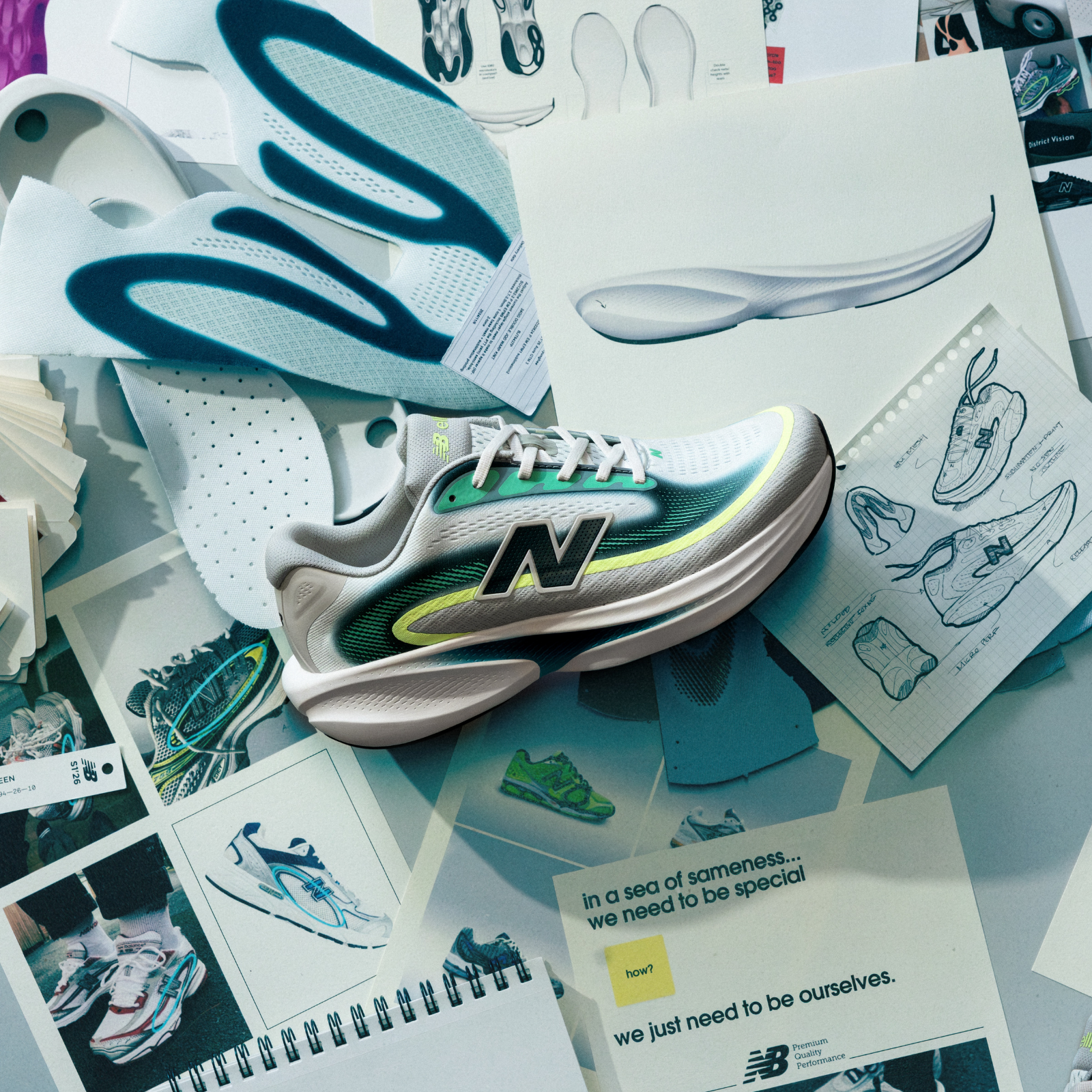 New Balance Ellipse v1 laying on top of sketches and samples