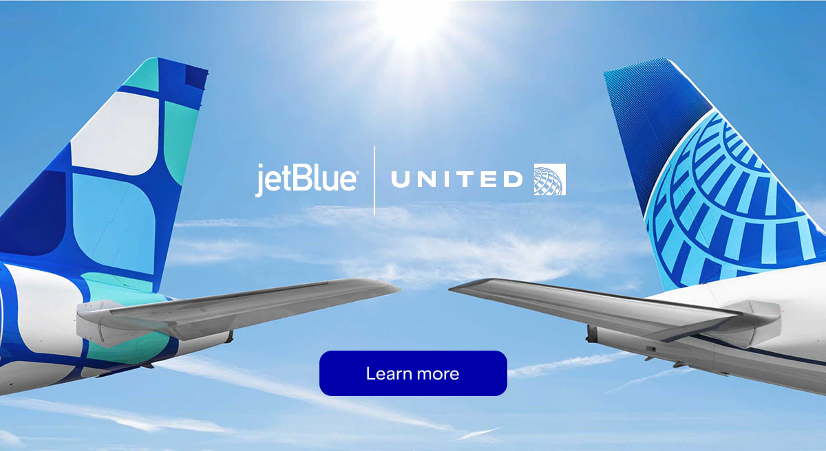 JetBlue | United. Click here to learn more. Image of a JetBlue plane tail and a United plane tail.