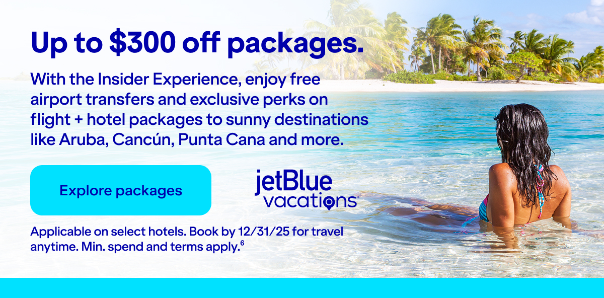 Up to $300 off packages. With the Insider Experience, enjoy free airport trasnfers and exclusive perks on flight + hotel packages to sunny destinations like Aruba, Cancun, Punta Cana and more. Click here to explore packages. Applicable on select hotels. Book by December 31, 2025 for travel anytime. Min. spend and terms apply (6).