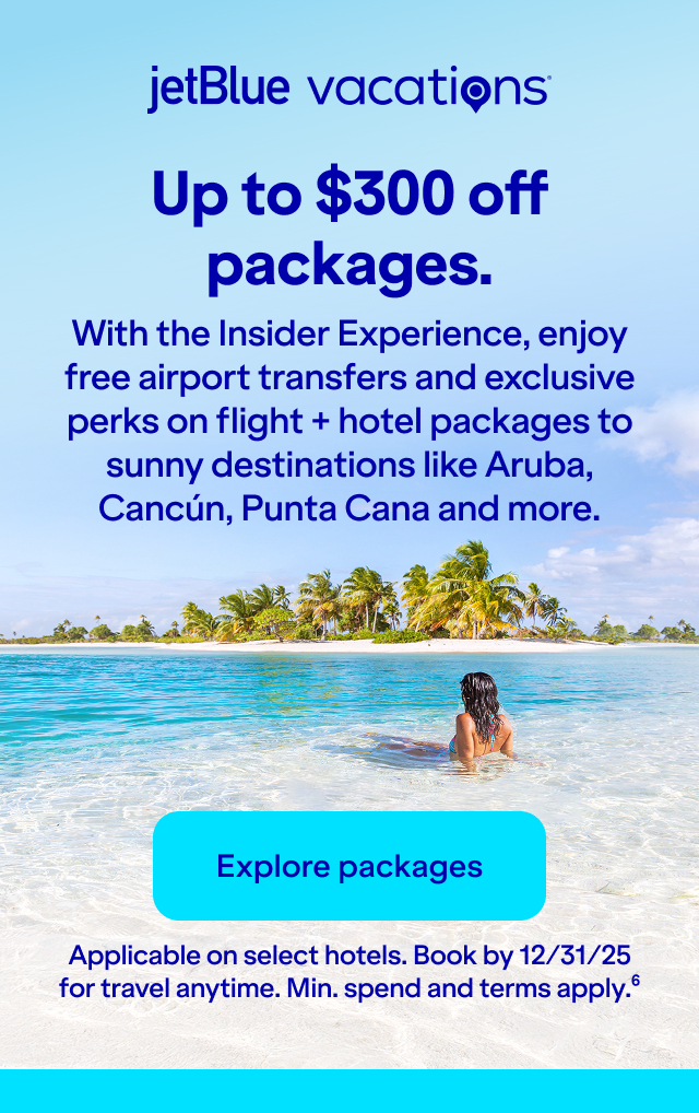 Up to $300 off packages. With the Insider Experience, enjoy free airport trasnfers and exclusive perks on flight + hotel packages to sunny destinations like Aruba, Cancun, Punta Cana and more. Click here to explore packages. Applicable on select hotels. Book by December 31, 2025 for travel anytime. Min. spend and terms apply (6).