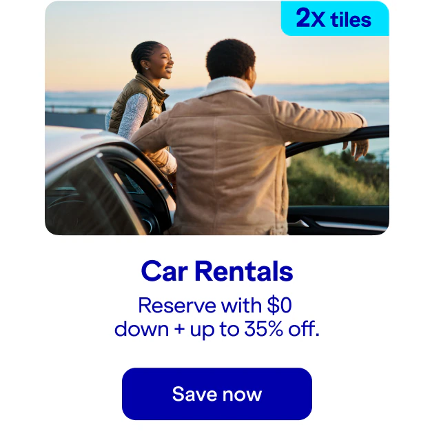 Earn two-times tiles on car rentals. Reserve with $0 down plus up thiry-five percent off. Click here to save now.