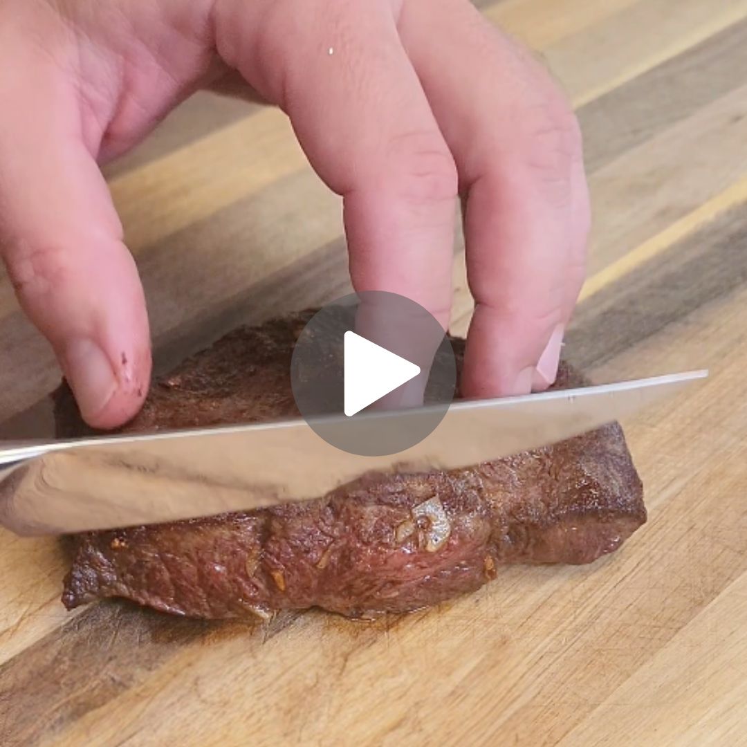 F.N. Sharp steak knife cutting steak against the grain