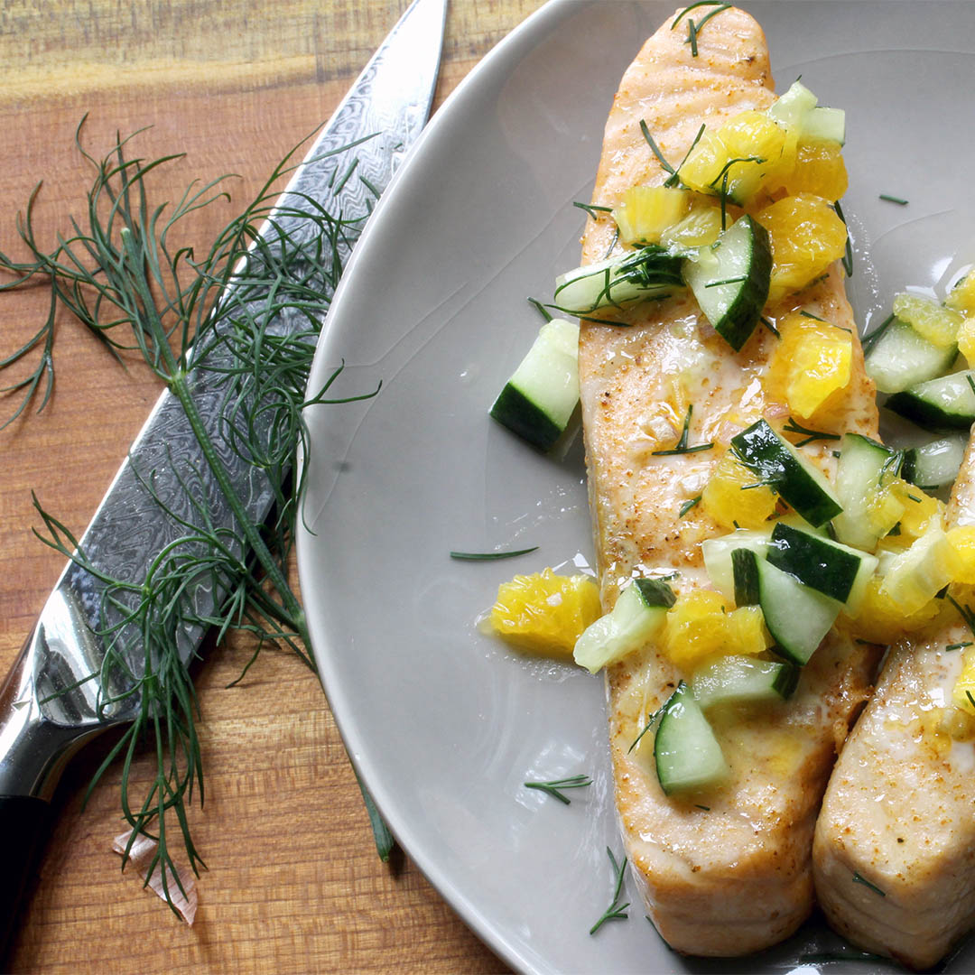 F.N. Sharp utility knife with oven-baked salmon topped with citrus cucumber salad