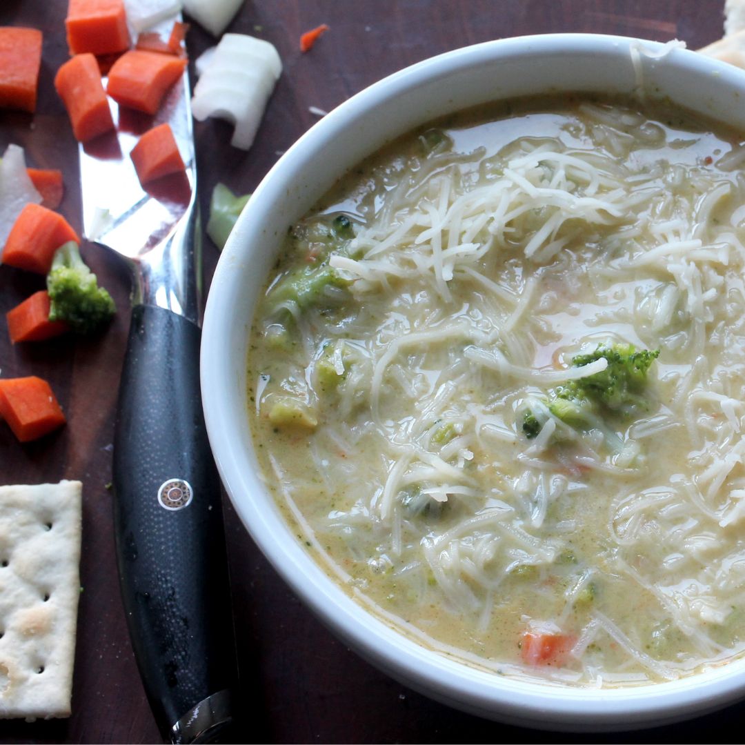 Broccoli Cheddar Soup with F.N. Sharp Utility Knife, chopped veggies and saltine crackers