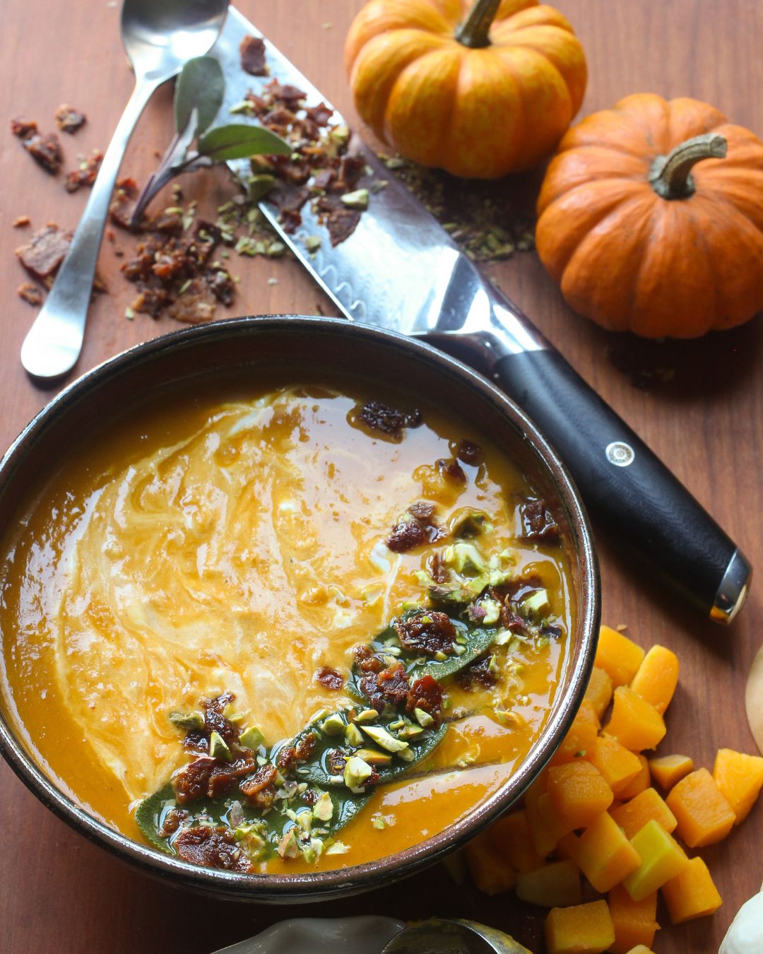 F.N. Sharp Chef's Knife with pumpkins and bowl of Butternut Squash Pumpkin Soup