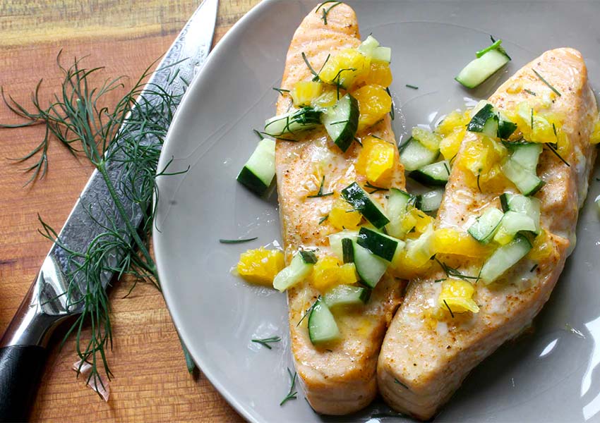 F.N. Sharp Utility Knife baked salmon fillets topped with citrus-cucumber salad