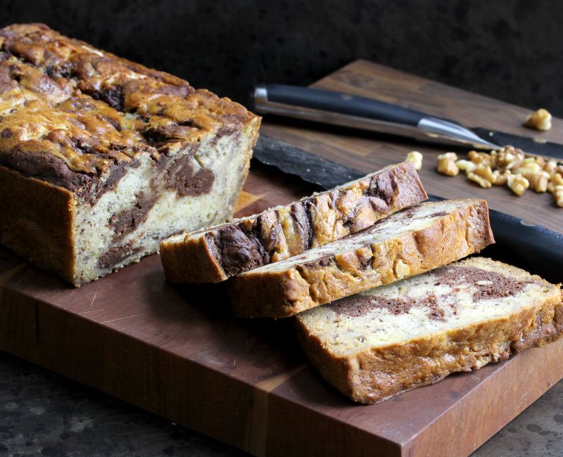 F.N. Sharp Bread Knife with Sliced Chocolate Swirl Banana Nut Bread