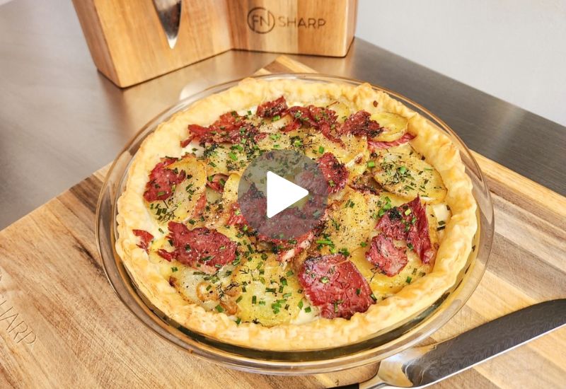 Irish Potato Pie on Acacia wood cutting board with the F.N. Sharp Boning Knife