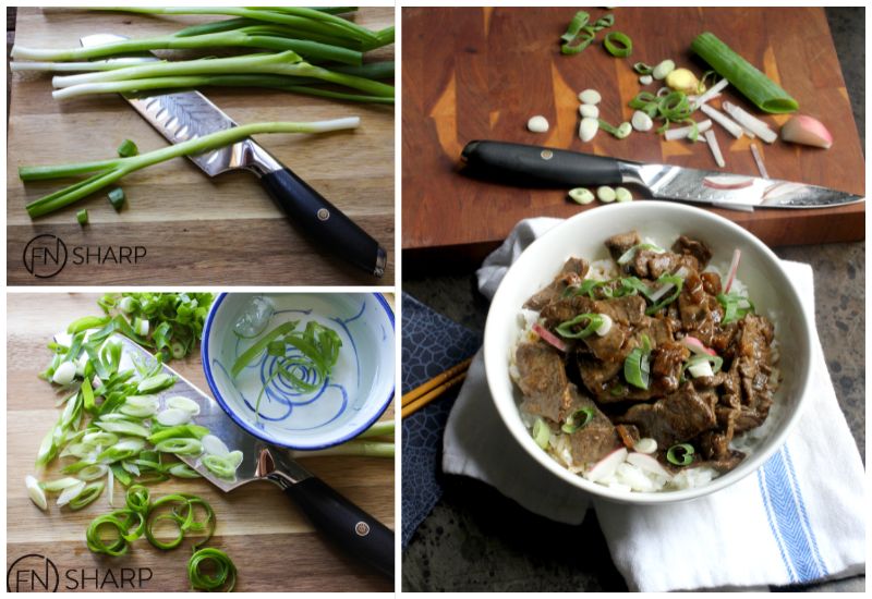 Split image of F.N. Sharp knives with whole scallions, cut scallions, and a recipe garnished with scallions