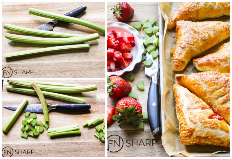 Split image of F.N. Sharp knives with whole rhubarb, cut rhubarb, and a recipe image for strawberry-rhubarb hand pies.