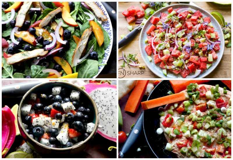 Split image of salad recipes – grilled chicken and fruit salad, watermelon salad, dragon fruit salad and hummus salad
