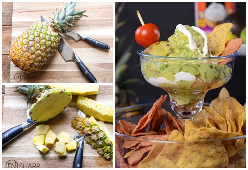 Split image of F.N. Sharp knives with whole pineapple, cut pineapple, and a pina colada guacamole recipe