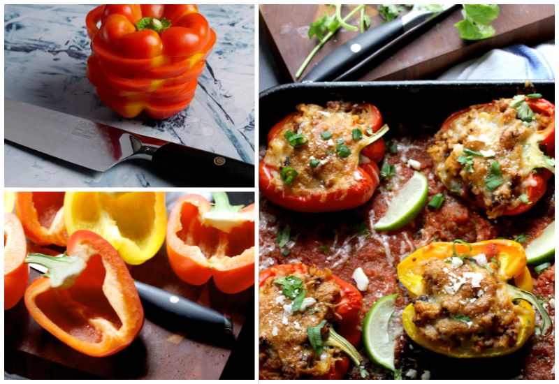Split image of F.N. Sharp knives with sliced bell  pepper, halved bell peppers, and a recipe image for Mexican-style stuffed bell peppers