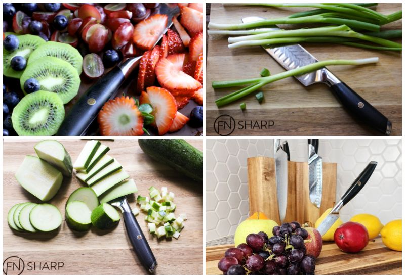 Split image of F.N. Sharp knives with assorted fruits and veggies